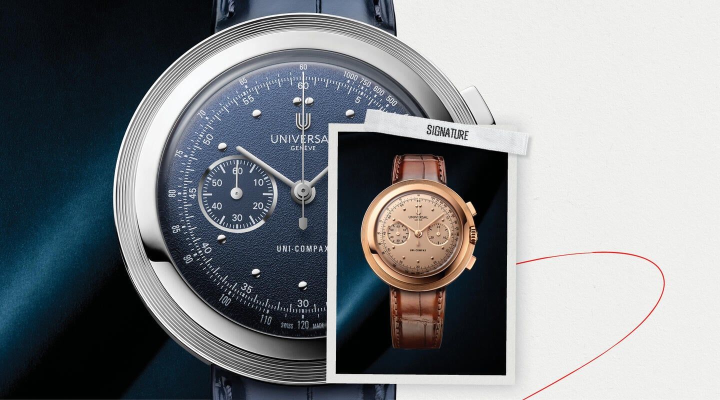 Chronographe Universal Genève Disco Volante au cadran bleu avec modèle or rose sur bracelet brun en cuir
