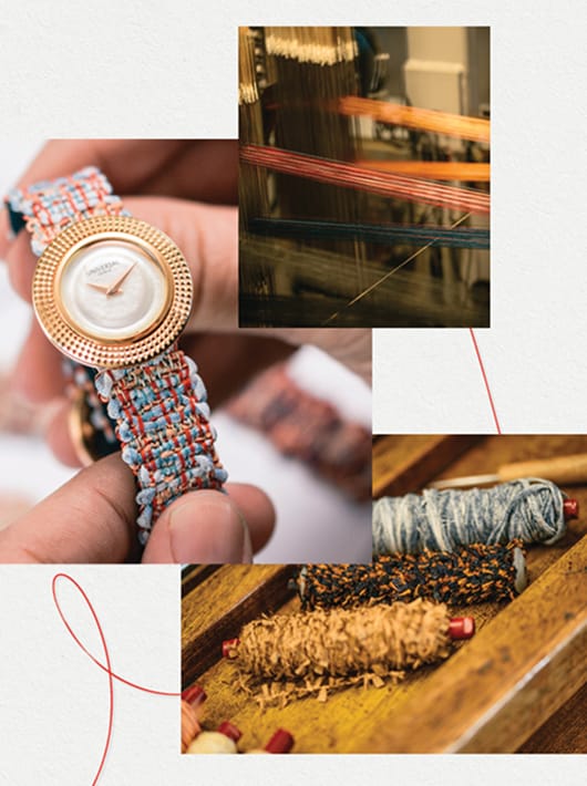 Montre Universal Genève Disco Mini à lunette dorée et bracelet tissé près de fils textiles artisanaux
