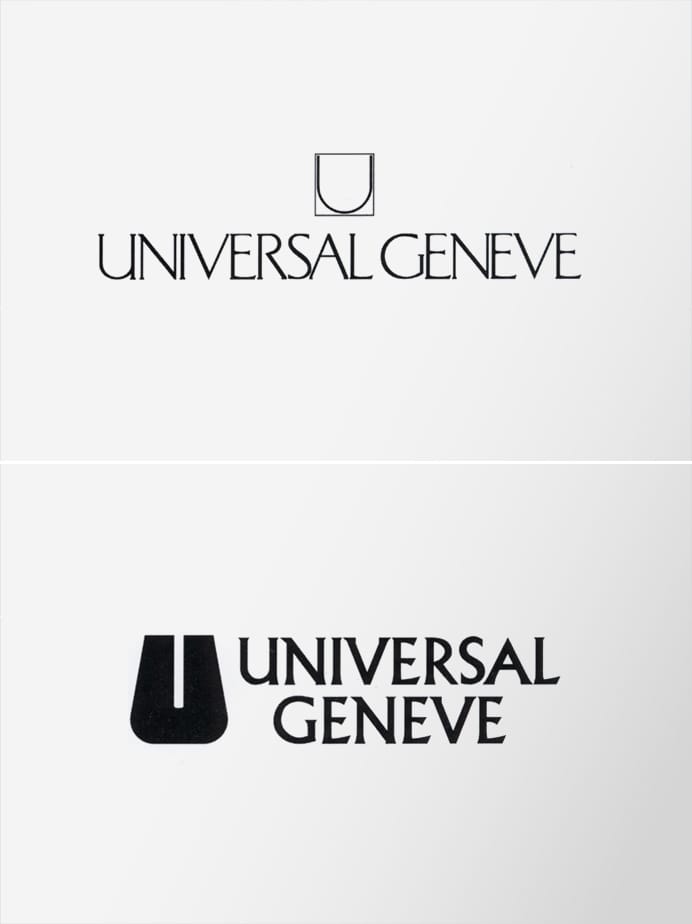 Deux logos Universal Genève : un U en trait fin au-dessus du nom complet en 1962, et un U plein et massif à côté du nom en 1971