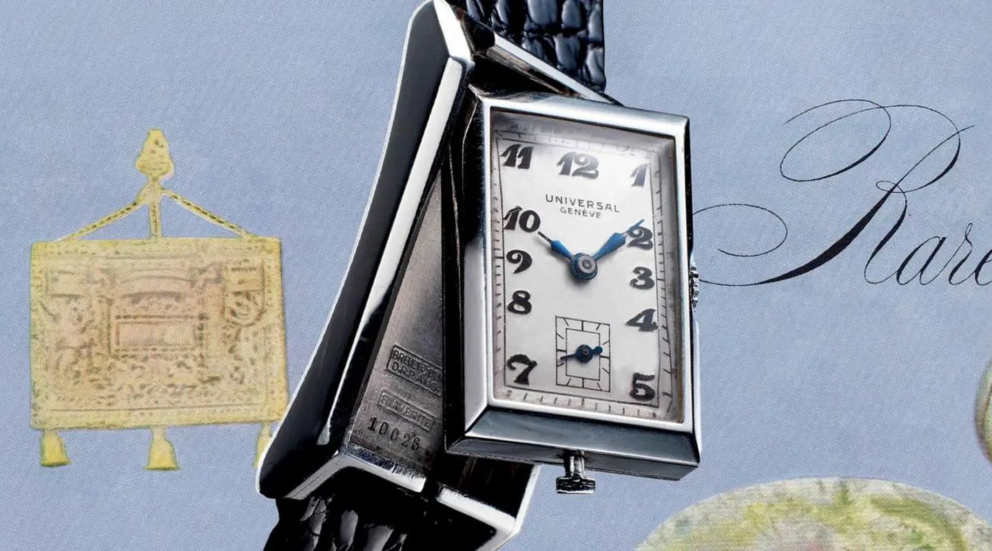 Montre Universal Genève Cabriolet au boîtier rectangulaire pivotant, cadran blanc et bracelet noir en cuir