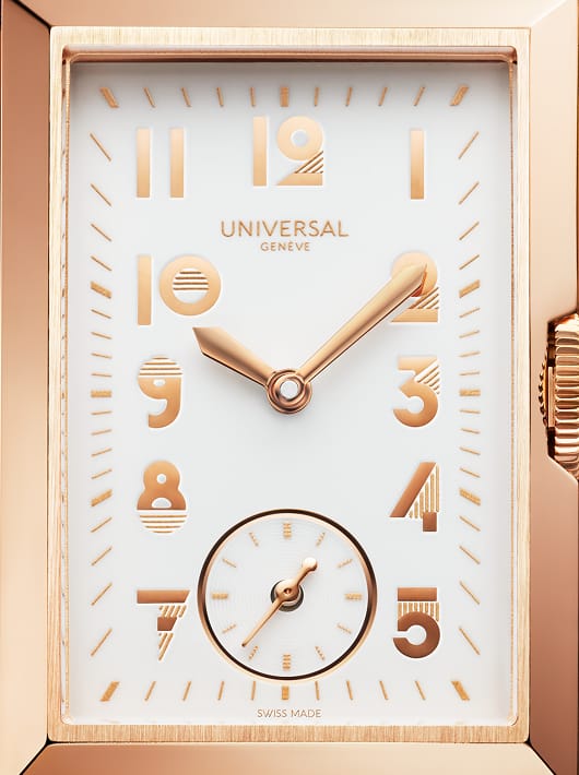 Cadran Universal Genève Cabriolet en or rose et argent, avec chiffres Art déco et petite seconde raffinée
