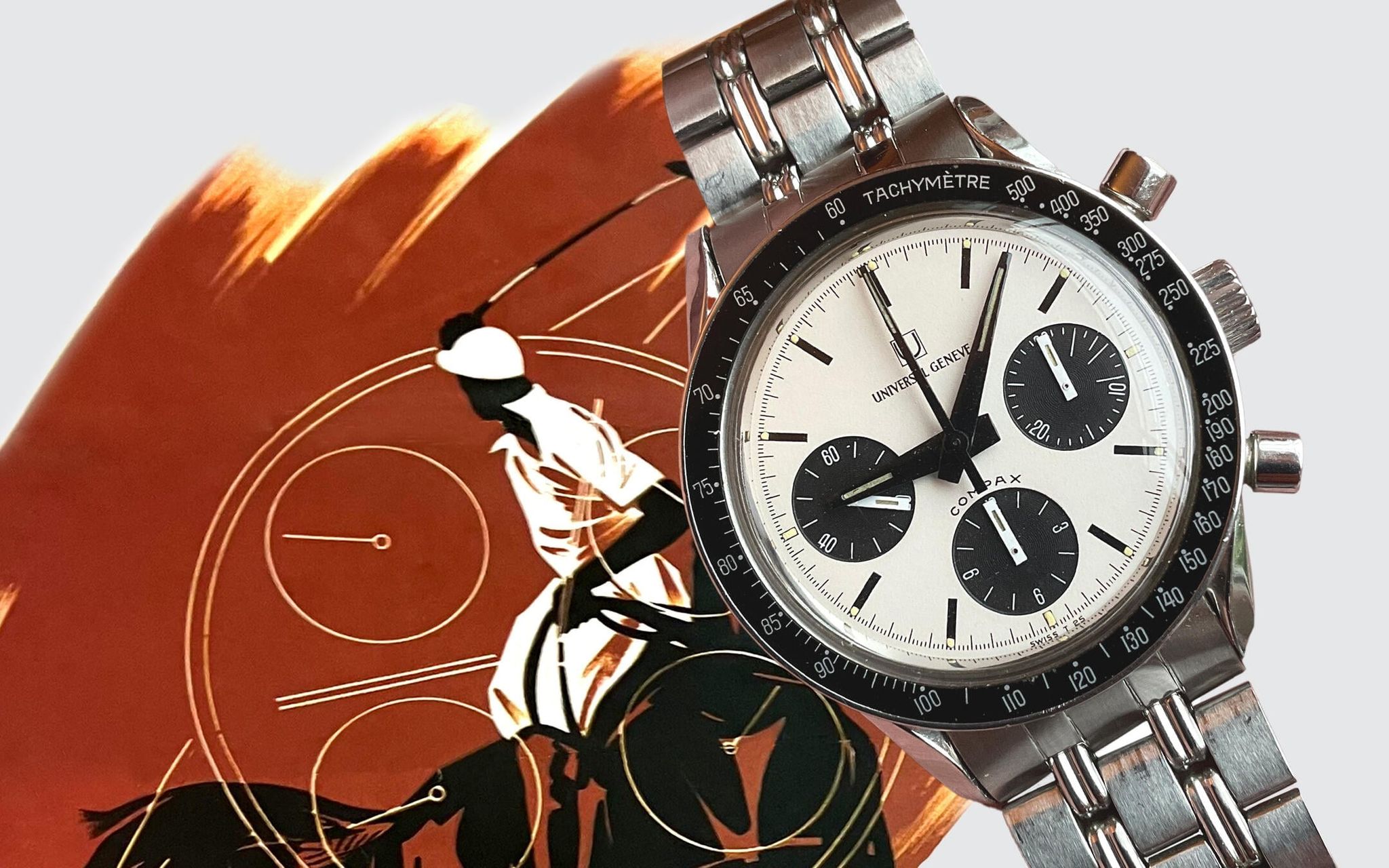 Chronographe Universal Genève Compax avec bracelet acier et cadran panda sur fond racing vintage
