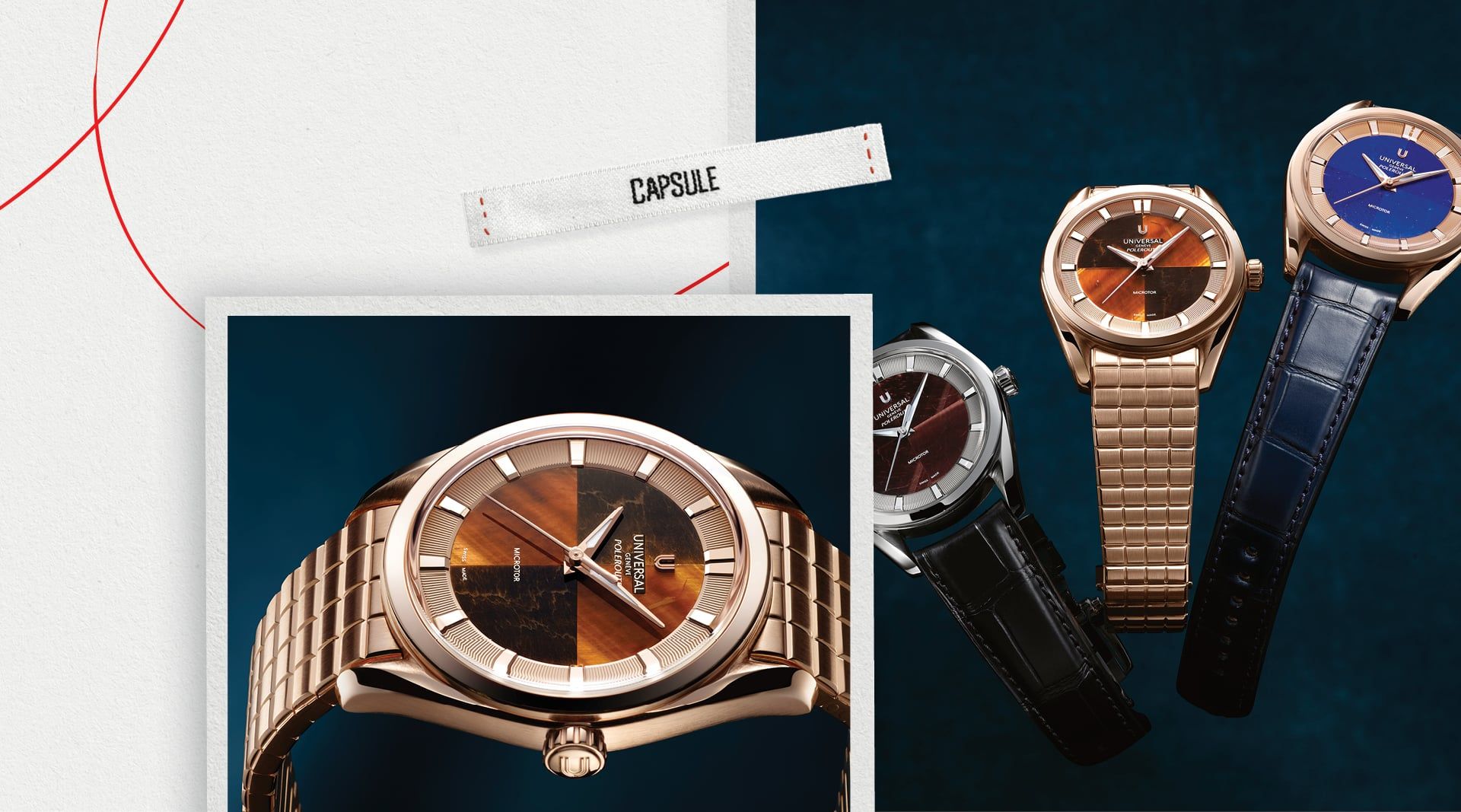 Montres Universal Genève Polerouter Hardstone avec cadrans œil-de-tigre, bordeaux et bleu raffinés