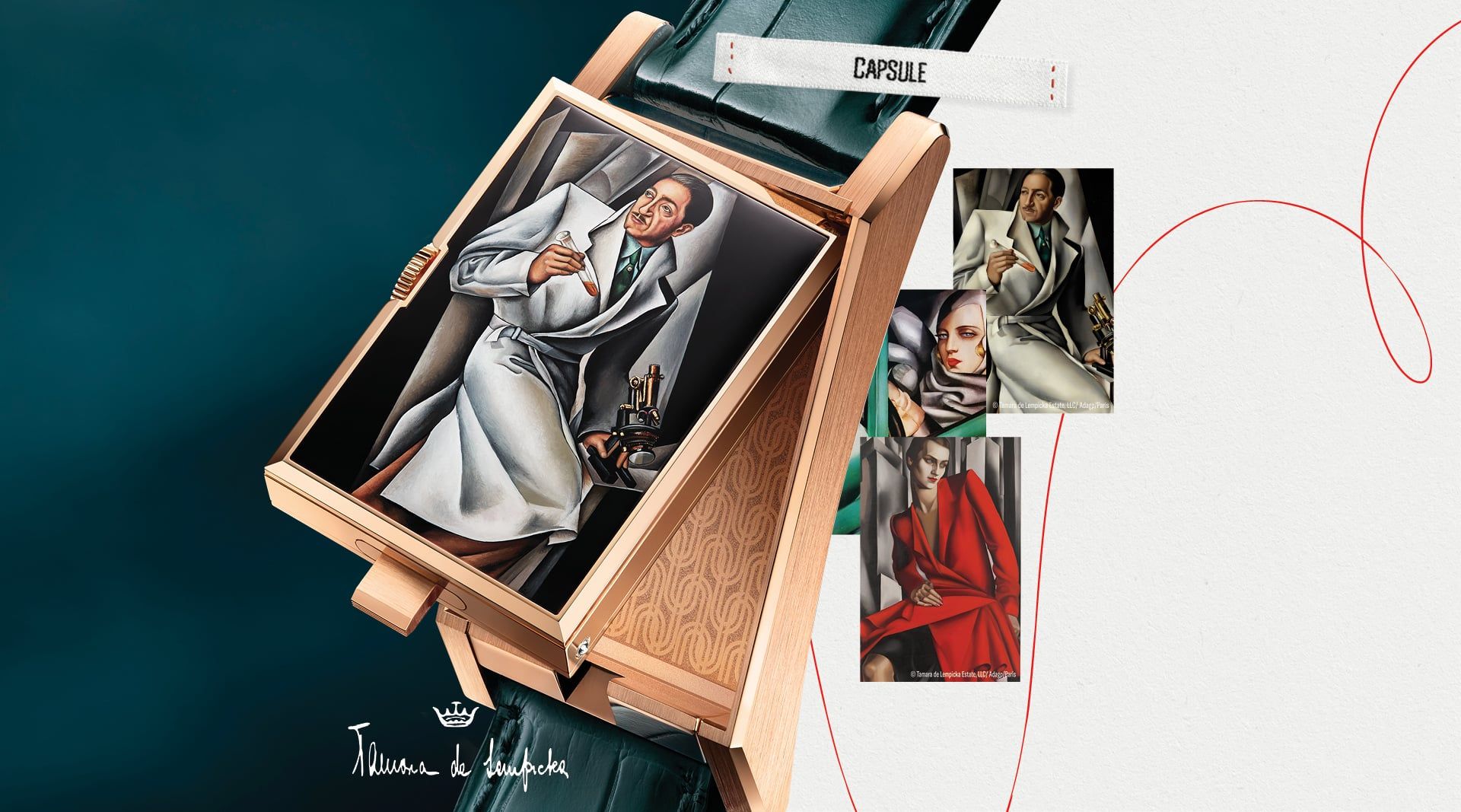 Montre Universal Genève Cabriolet Lempicka avec bracelet vert, entourée d’œuvres de Tamara de Lempicka
