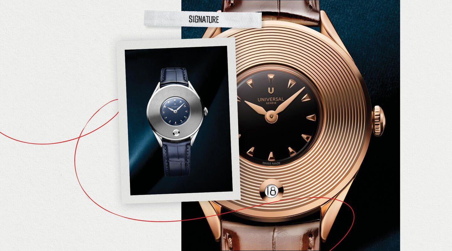 Montre Universal Genève Dioramic avec cadran doré concentrique, face noire et bracelet en cuir
