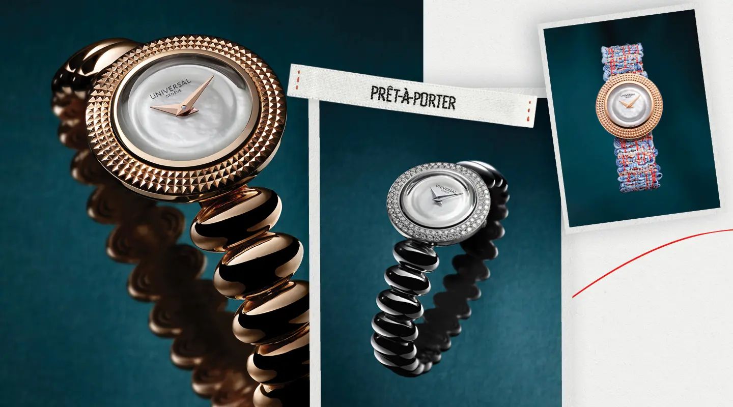 Montres Universal Genève Disco Mini avec lunettes or et diamants sur bracelets spirale brillants