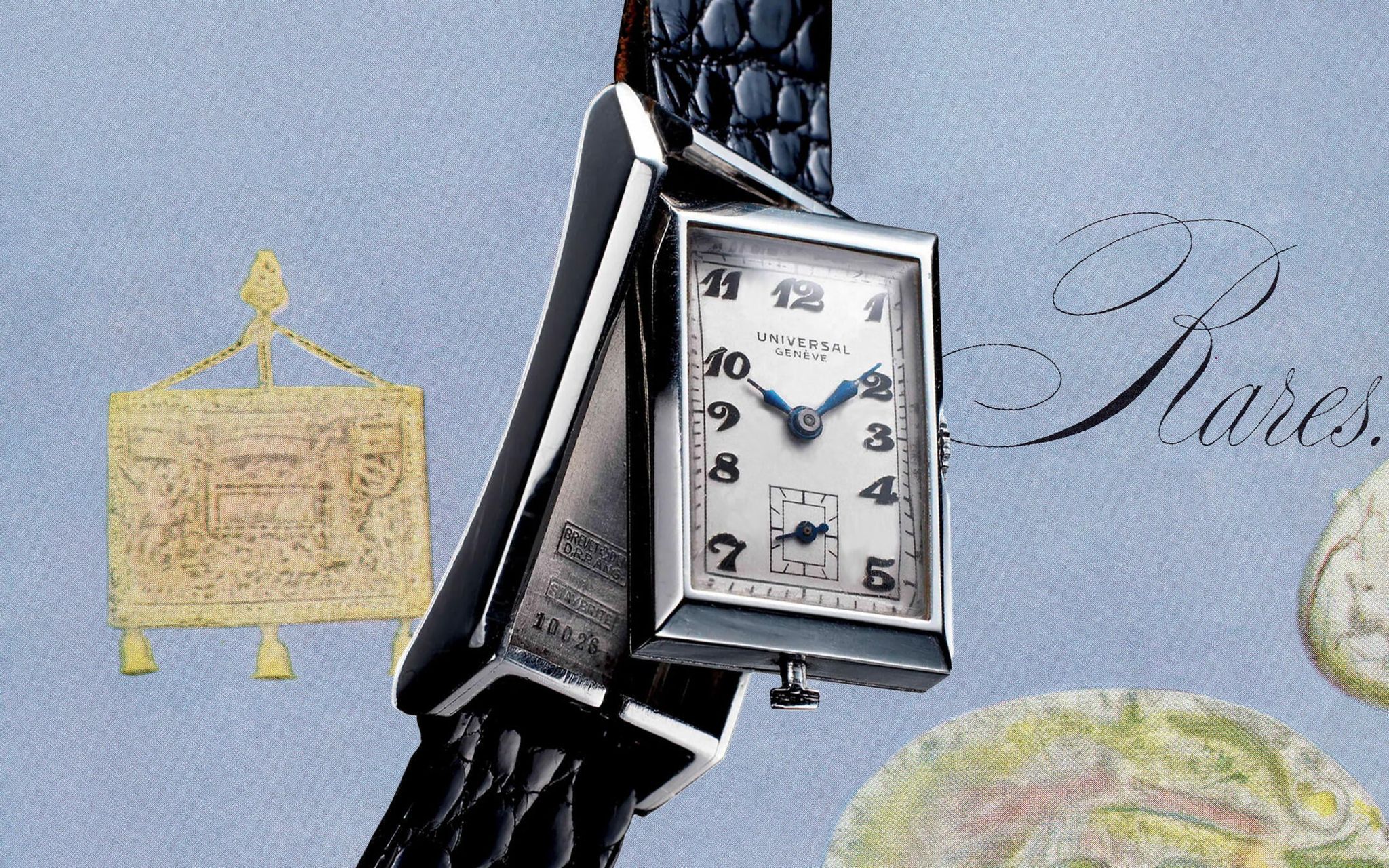 Montre Universal Genève Cabriolet rectangulaire à boîtier rabattable, cadran blanc et bracelet noir