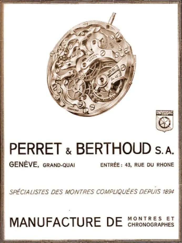 Affiche vintage Raoul Perret & Berthoud S.A. Genève avec mouvement chronographe Universal Genève d’époque