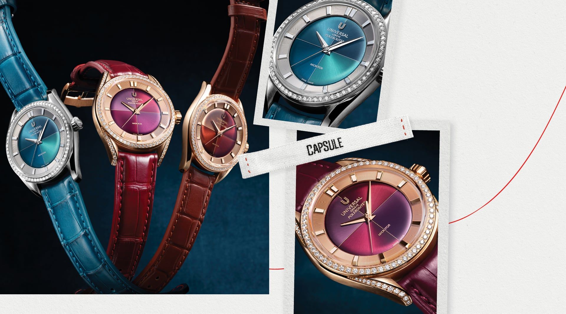 Montres Universal Genève Polerouter Capsule, lunettes serties et bracelets cuir aux tons vibrants riches