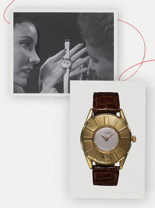 Montre Universal Genève Dioramic dorée avec bracelet brun en cuir près d’un portrait d’archive en noir et blanc