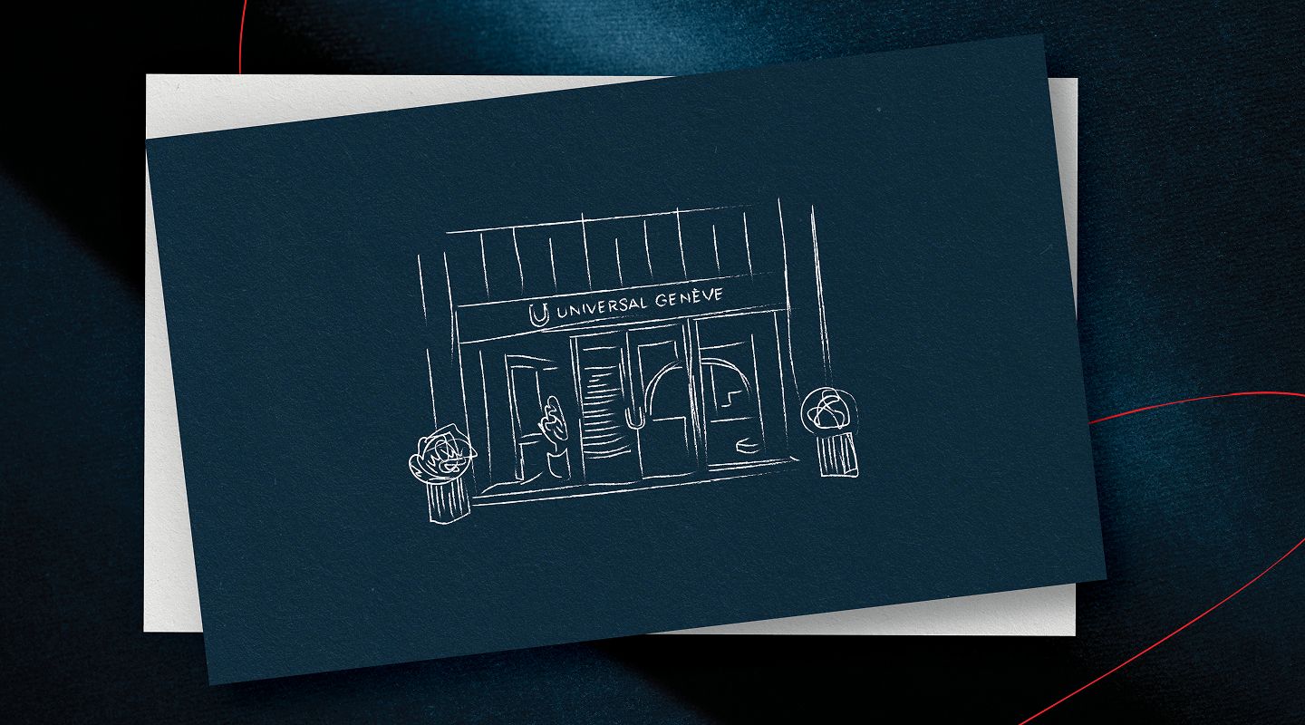 Illustration de boutique Universal Genève sur carte bleu nuit, avec entrée élégante et vitrines raffinées