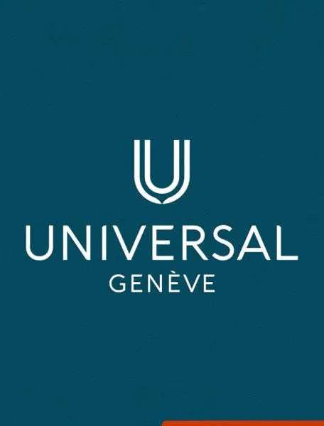 {generated} Emblème Universal Genève blanc sur fond bleu profond, symbole d’une identité renouvelée et d’héritage