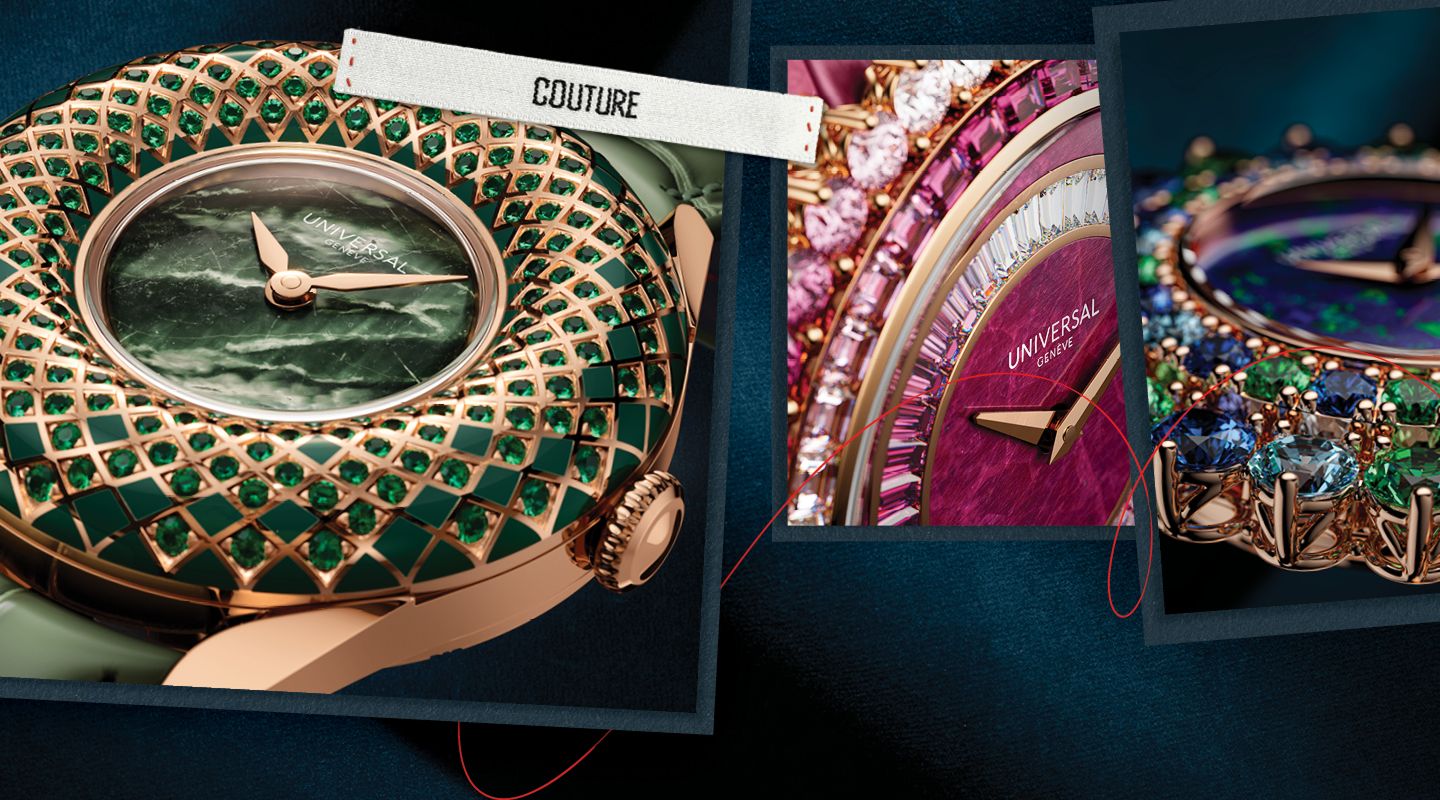 Montre Universal Genève Couture avec cadran vert serti de pierres et détails en or rose raffinés précieux