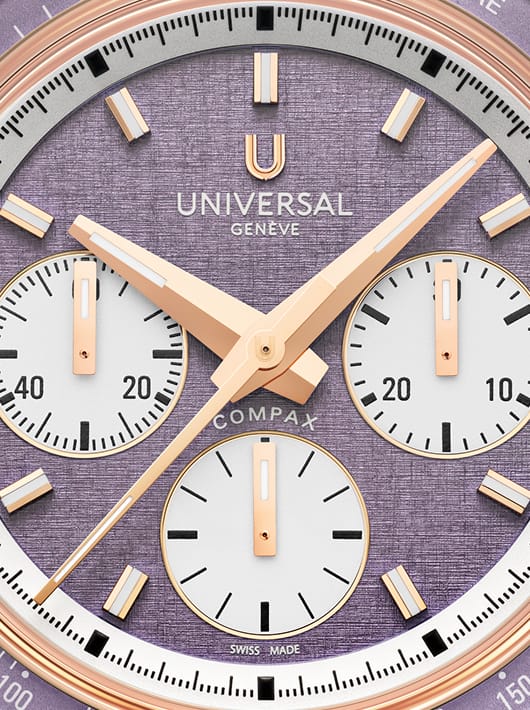 Cadran Universal Genève Compax lavande texturé avec aiguilles or rose et compteurs blancs raffinés