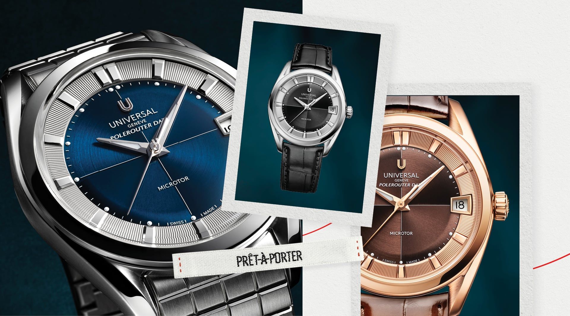 Montres Universal Genève Polerouter Date en acier et or rose, avec cadrans bleu, brun et noir élégants