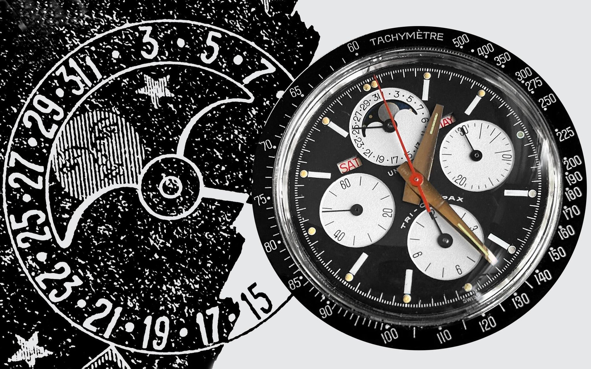 Chronographe Universal Genève Tri-Compax à lunette tachymétrique noire sur fond de calendrier vintage