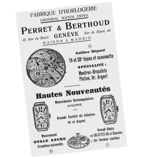 Publicité horlogère vintage Universal Genève Perret & Berthoud avec calibres et montres rectangulaires