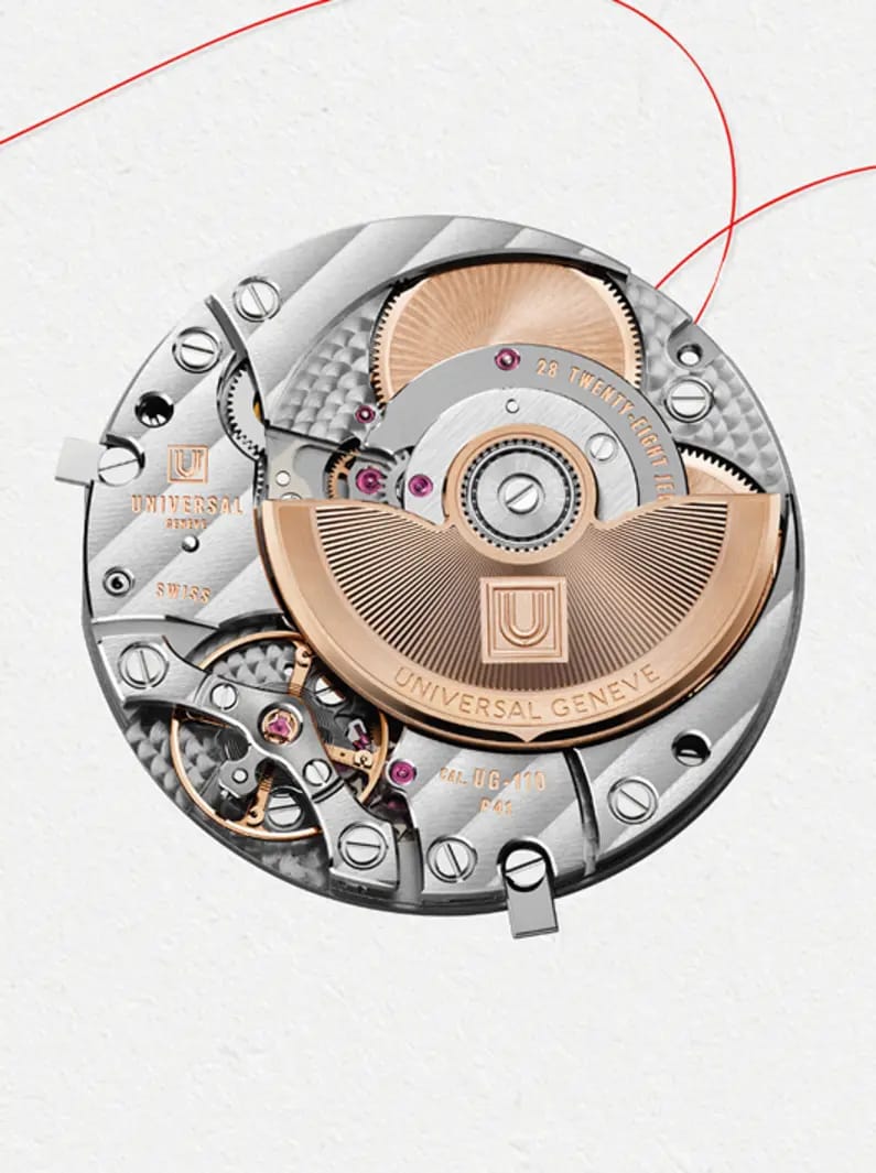 {generated} Mouvement automatique Universal Genève avec rotor or rose, rouages visibles et finitions suisses raffinées