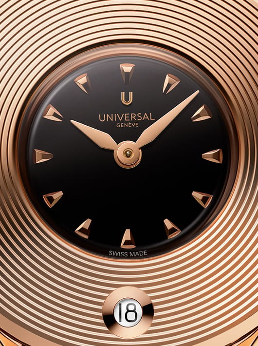 Cadran Universal Genève Dioramic Signature noir et or rose avec index facettés et guichet date raffiné
