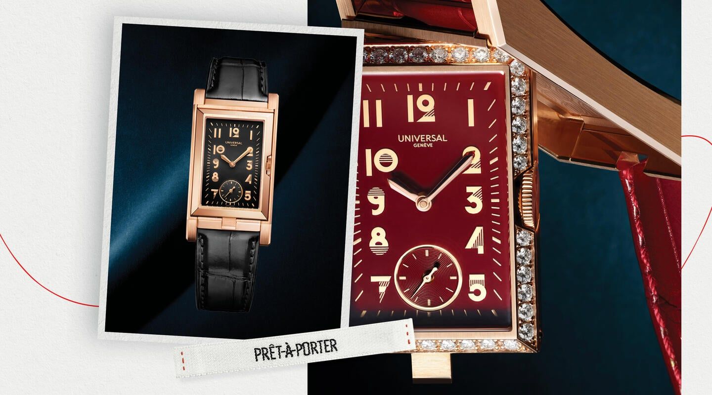 Montres Universal Genève Cabriolet aux boîtiers rectangulaires en or rose et cadrans noir et rouge