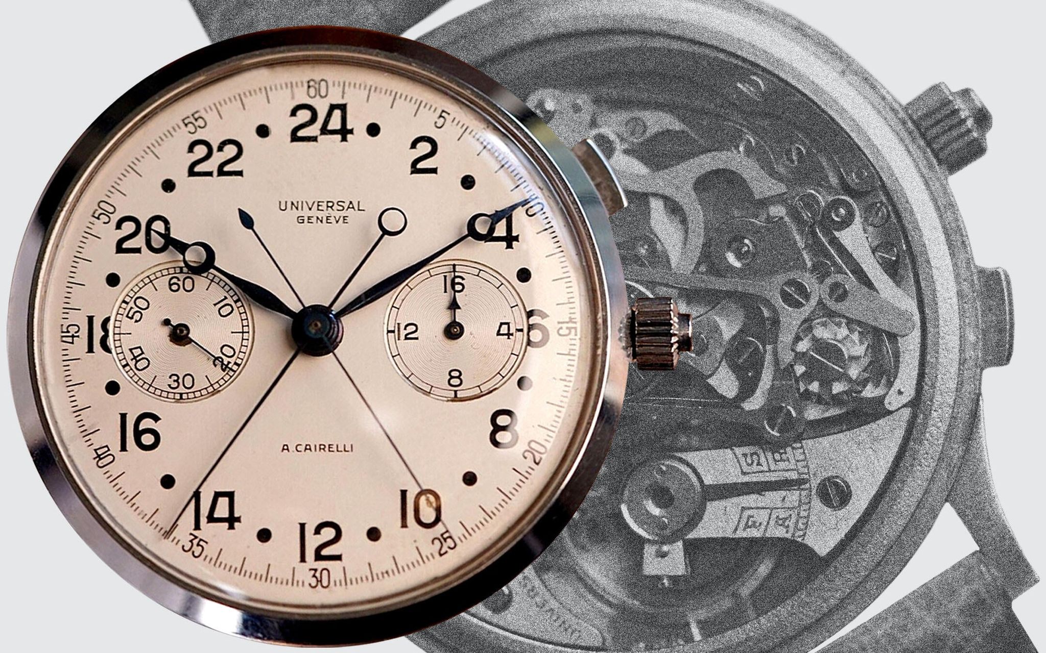 Cadran Universal Genève Cairelli Split Seconds à grands chiffres sur fond de mouvement chronographe visible