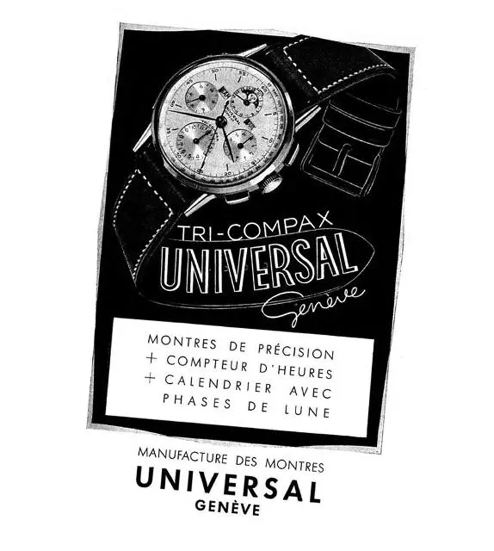Publicité vintage Universal Genève Tri-Compax avec chronographe à phases de lune et bracelet cuir noir