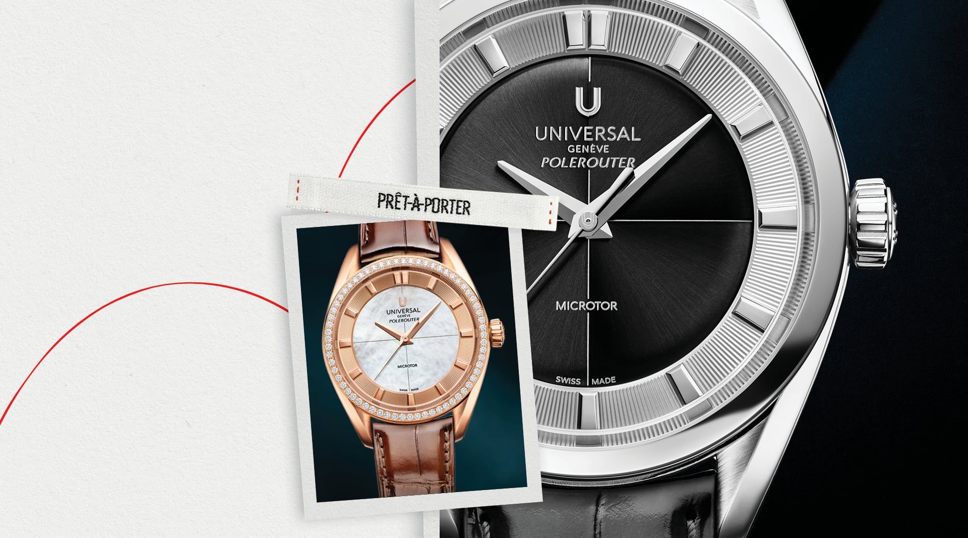 Montres Universal Genève Polerouter aux cadrans argentés et or rose présentées dans un visuel raffiné