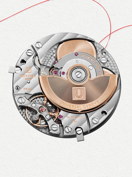 Mouvement Universal Genève avec rotor or rose et finitions raffinées, célébrant la beauté fonctionnelle