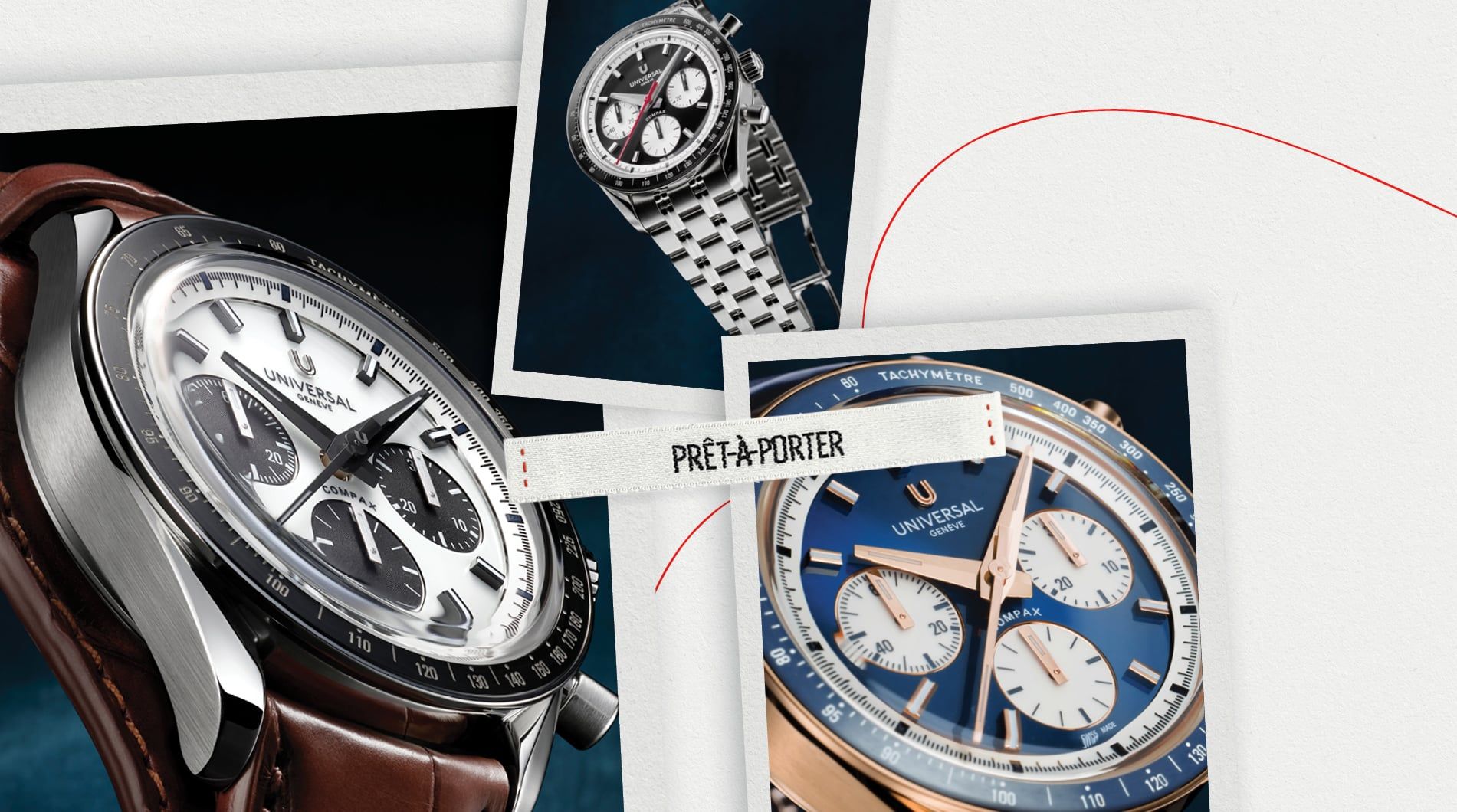 Chronographes Universal Genève Compax aux cadrans panda, noir et bleu sur cuir et bracelet acier élégants