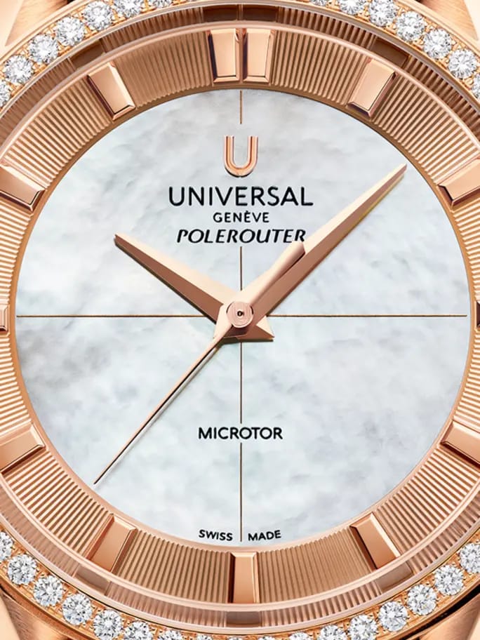 Universal Genève Polerouter Microtor avec cadran en nacre, index en or rose et lunette sertie de diamants