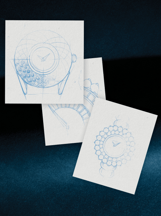 Croquis de montres couture Universal Genève sur cartes texturées, alliant élégance et fonctionnalité