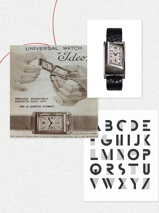 Collage patrimonial Universal Genève Cabriolet avec publicité Ideor vintage et montre noire Art déco