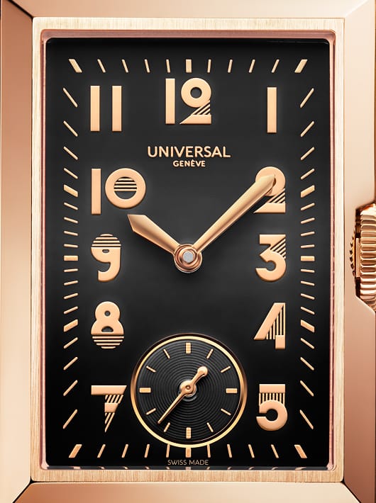 Cadran Universal Genève Cabriolet noir et or rose, avec chiffres Art déco et petite seconde intégrée