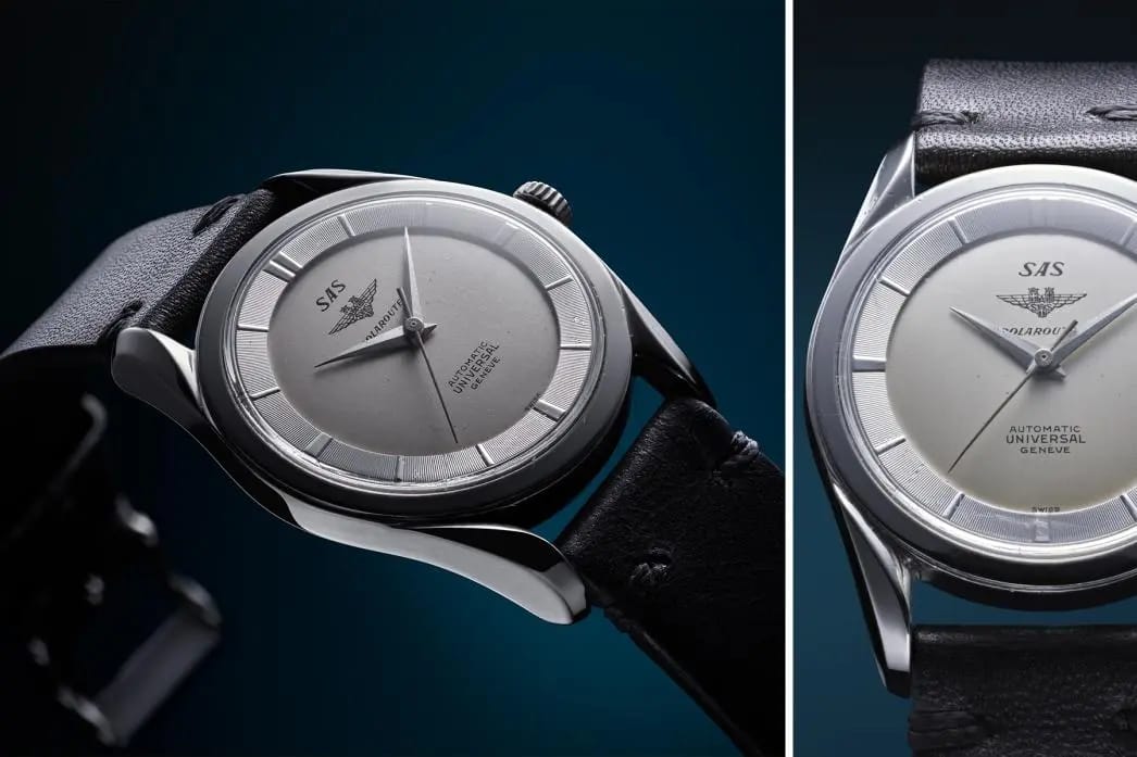 Gros plan sur la montre Universal Genève SAS Polerouter au cadran argenté et bracelet en cuir noir