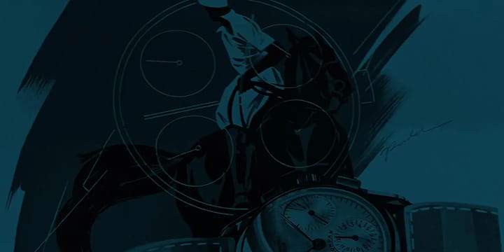 Illustration of a Universal Genève Compax chronograph overlaid on an equestrian scene, 1936
