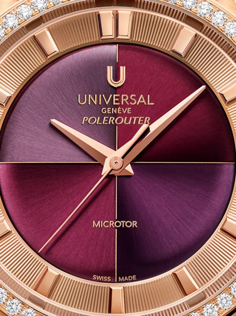 Universal Genève Polerouter en gros plan avec cadran prune soleillé et lunette sertie de diamants