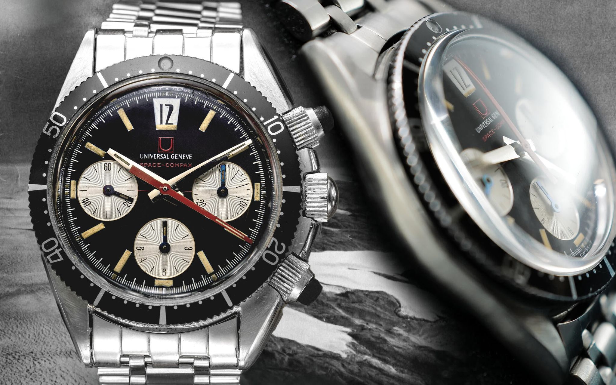 Chronographe Universal Genève Space-Compax à cadran noir et bracelet acier en gros plan détaillé vintage