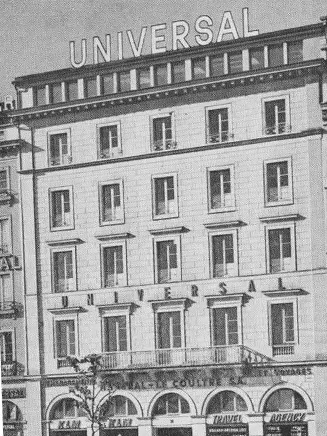 Bâtiment historique de Genève avec enseigne Universal Genève, évoquant les origines suisses de la maison