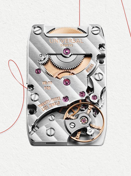 Mouvement Universal Genève UG-111 avec ponts en acier brossé, rubis et rouages finition or rose