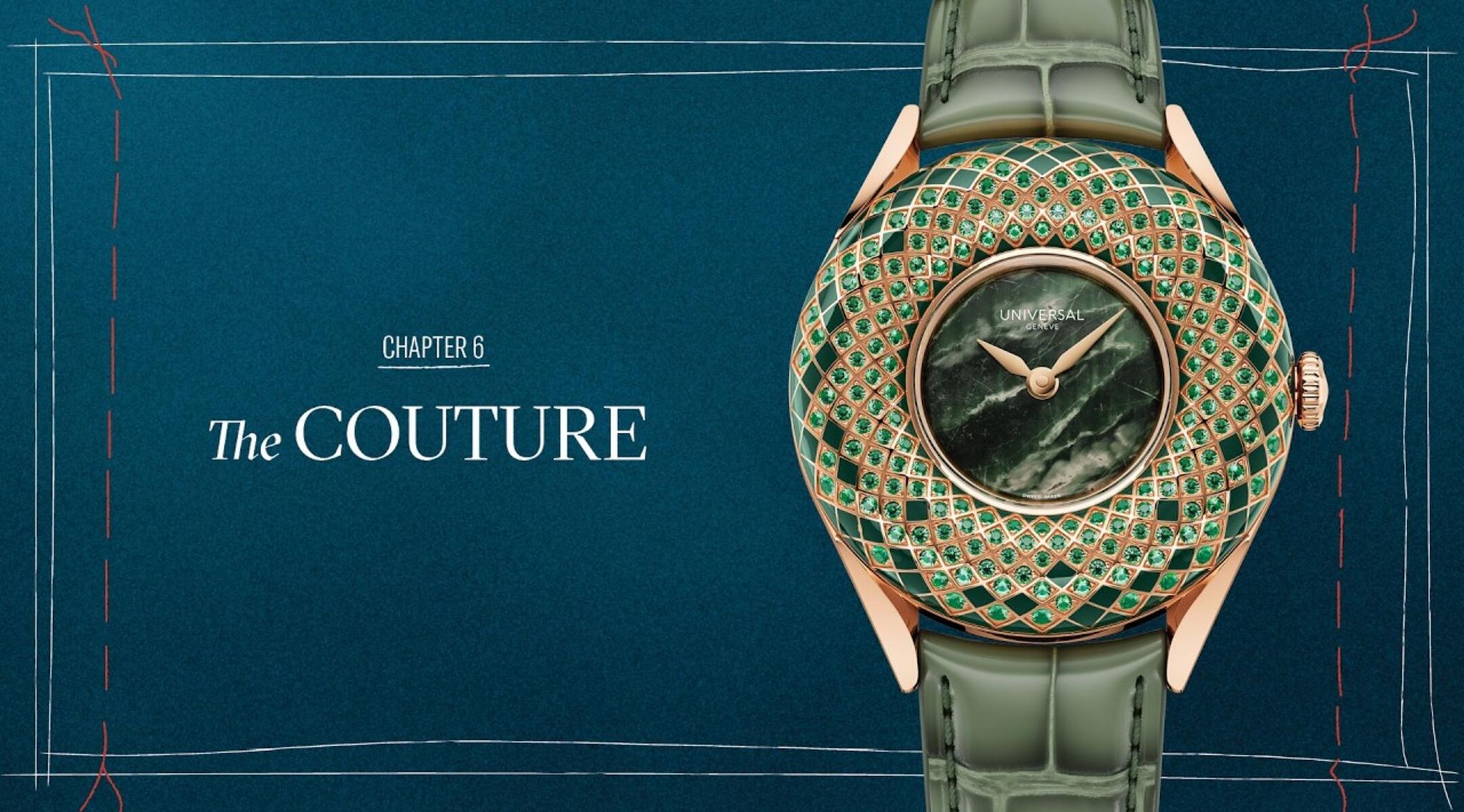 Webcast couture Universal Genève présentant une montre verte sertie, cadran marbré et bracelet cuir