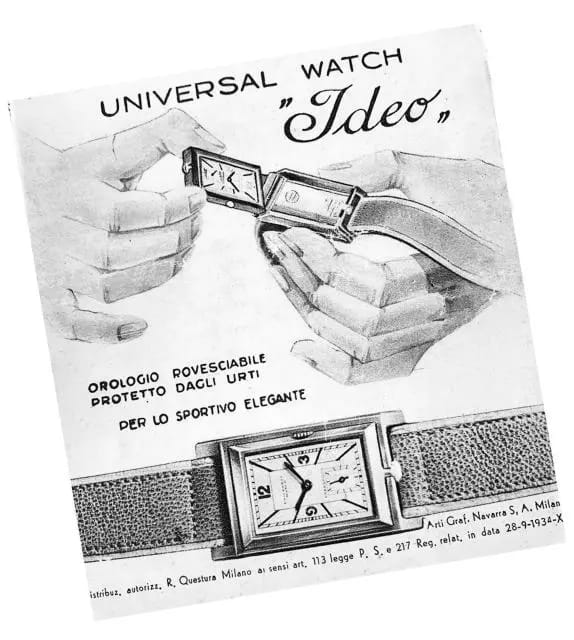 Publicité vintage Universal Genève Ideo montrant la montre Cabriolet à cadran rectangulaire réversible