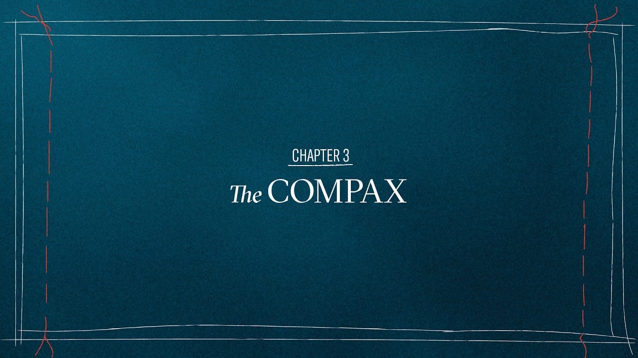 Carte de chapitre Universal Genève Compax sur fond bleu texturé avec bordures façon couture esquissées