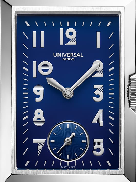 Cadran Universal Genève Cabriolet bleu rectangulaire avec chiffres argentés et petite seconde à six heures