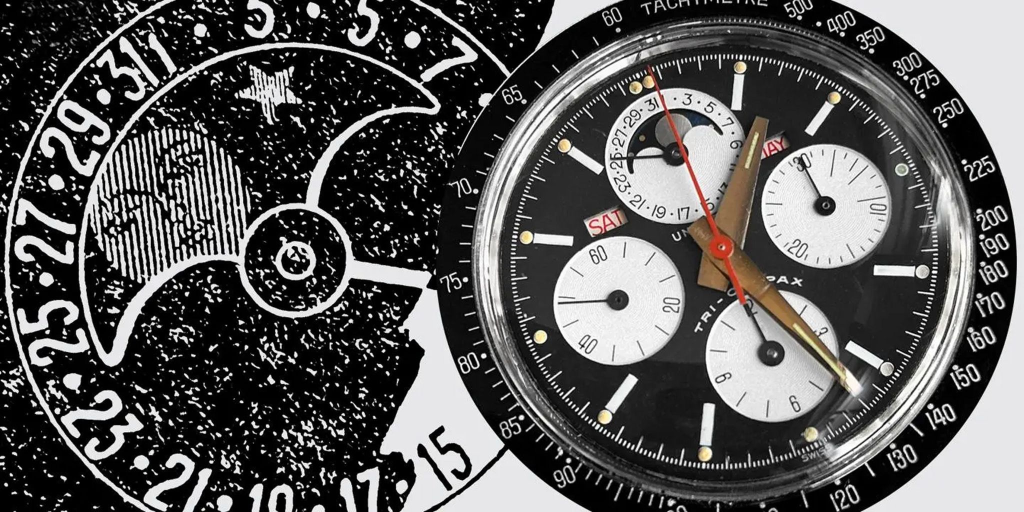 Chronographe Universal Genève Tri-Compax au cadran noir, phase de lune et lunette tachymétrique