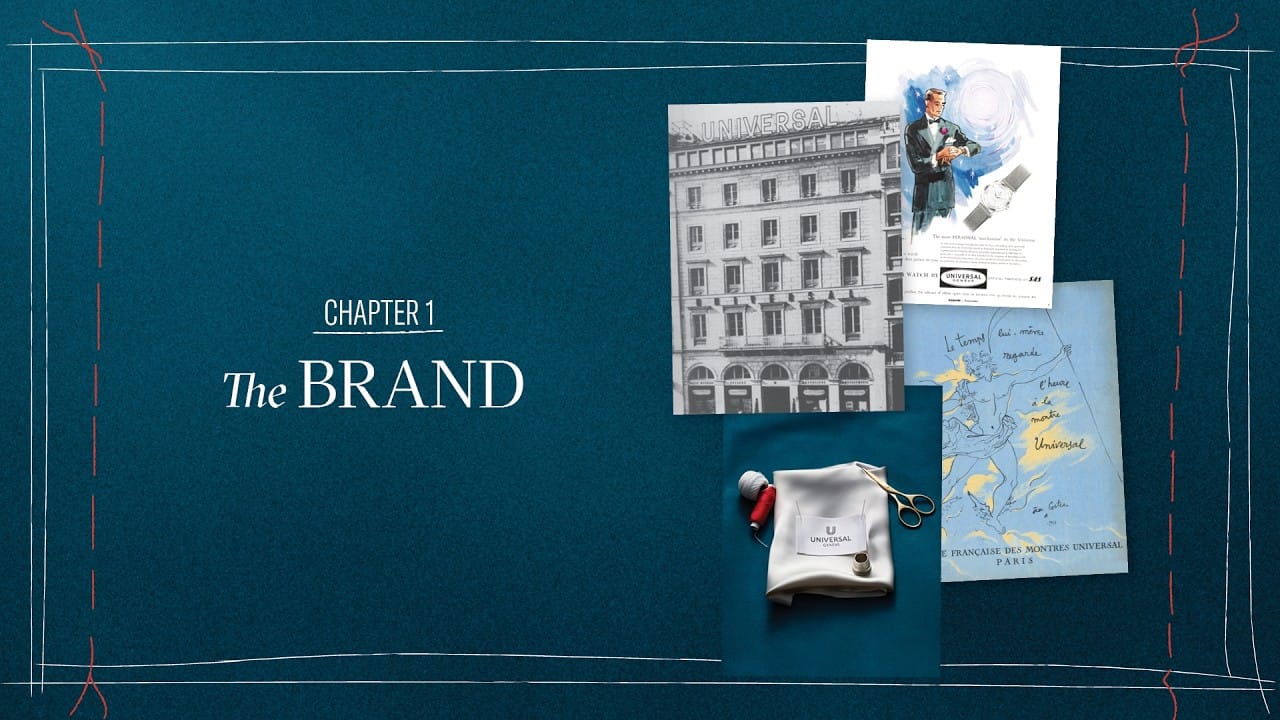 Chapitre de marque Universal Genève avec croquis d’archives, outils d’atelier et façade historique de la maison