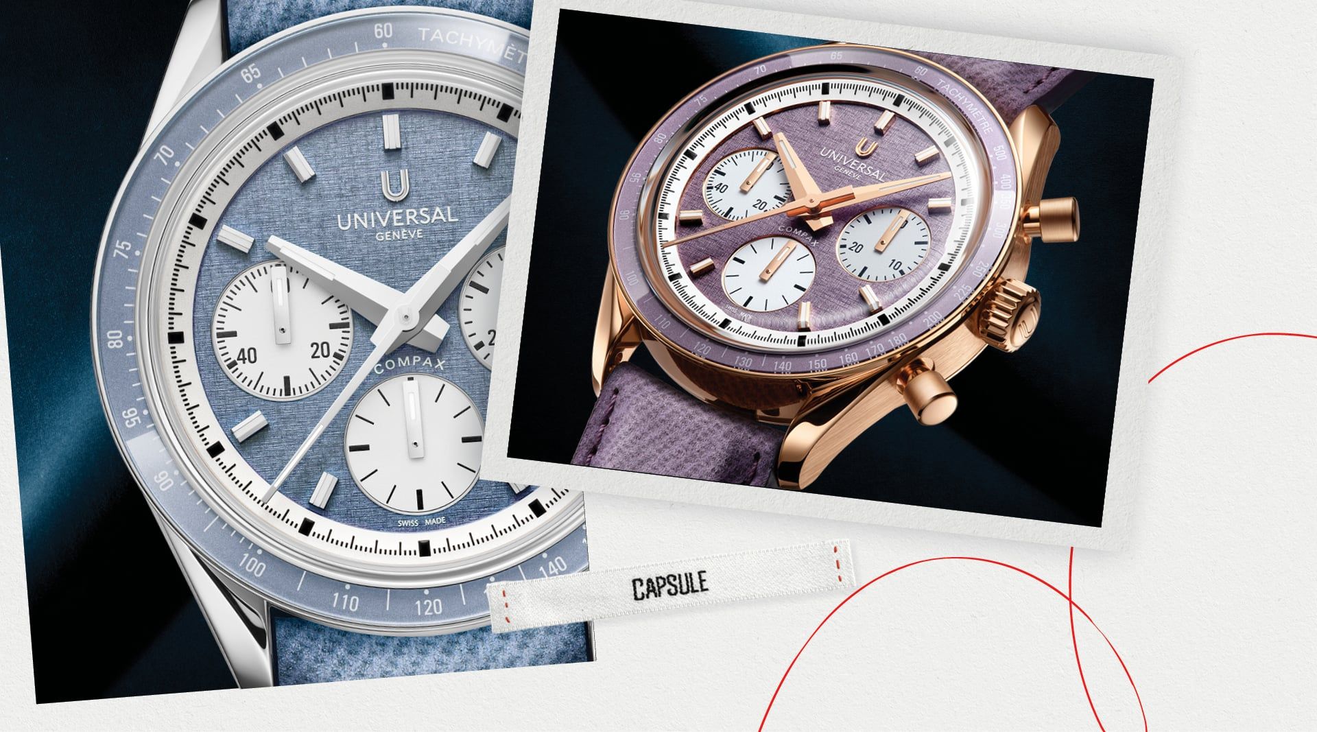 Chronographes Universal Genève Compax bleus et or rose, cadrans texturés et échelles tachymètres