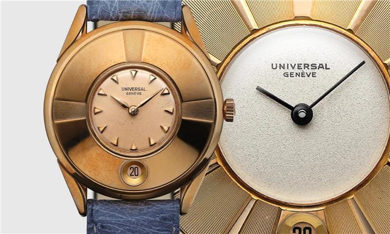 Montre Universal Genève Dioramic au cadran doré multicouche, guichet date et bracelet en cuir bleu