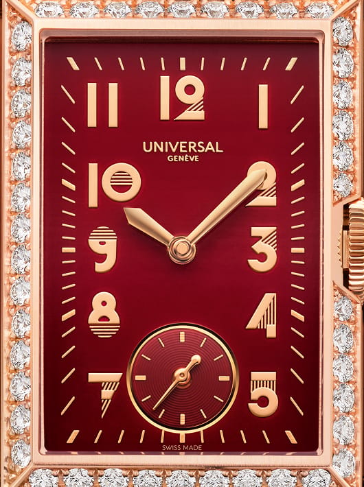 Universal Genève Cabriolet avec cadran bordeaux, chiffres or rose et boîtier rectangulaire serti de diamants