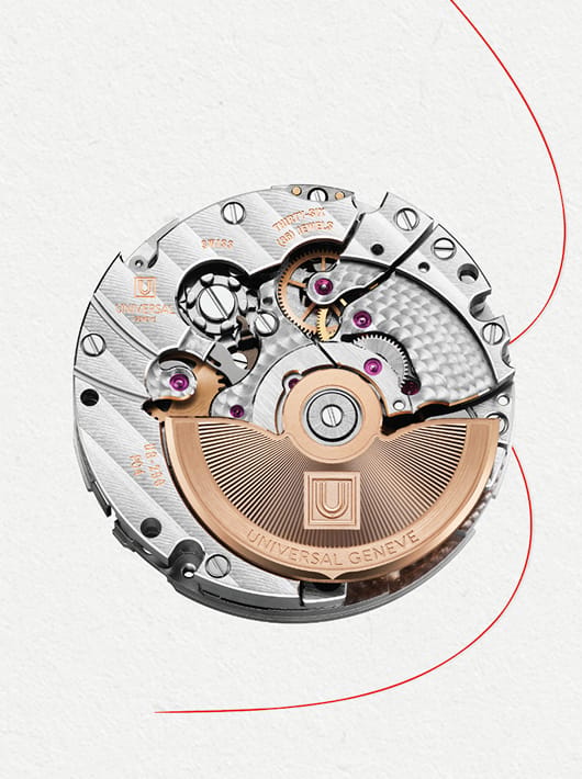Mouvement Universal Genève Disco Volante avec rotor or rose, rouages visibles et finitions soignées
