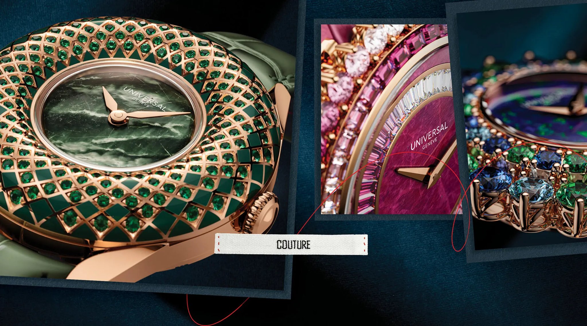 Créations Couture Universal Genève avec cadrans sertis, détails émeraude et finitions en or rose